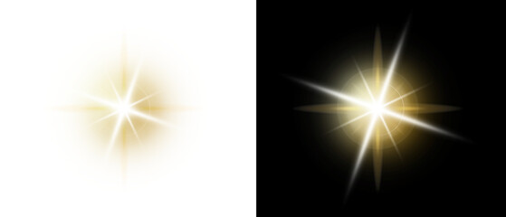 PNG image of Collection of brilliant golden starburst and lens flare light effects isolated on a black or transparent overlay on white background. on white background © RifahTasnia