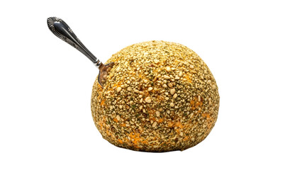 Round cheese ball covered in nuts and herbs with spoon, isolated
