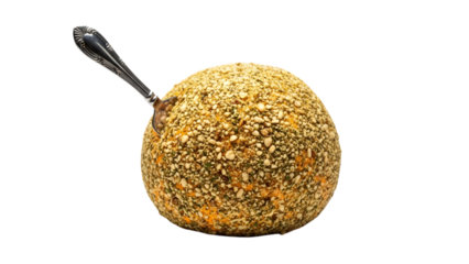Round cheese ball covered in nuts and herbs with spoon, isolated