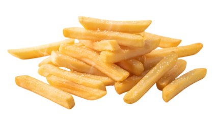 Golden French fries scattered on transparent background, close up
