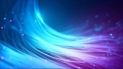 Blue and purple fiber optic cables with glowing light particles transmitting high speed data in a futuristic abstract technology network background