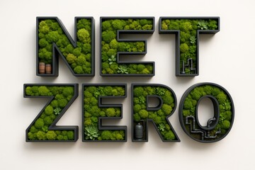 Eco-friendly “Net Zero” sign filled with green moss and small pipes representing sustainable energy and environmental conservation concept. Ai generative