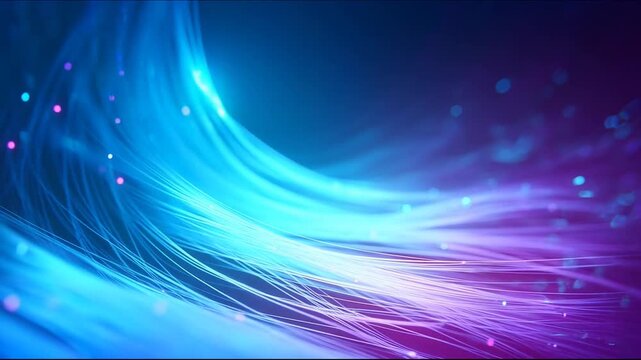 Blue and purple fiber optic cables with glowing light particles transmitting high speed data in a futuristic abstract technology network background