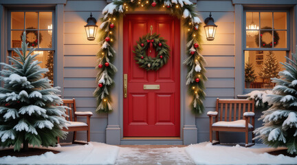 Fototapeta premium Christmas Doorway Decor – Festive Red Door with Wreath and Garland for Holiday Home Styling and Seasonal Greeting Cards