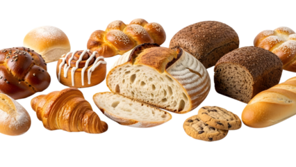 Assorted bakery bread and pastries isolated transparent background