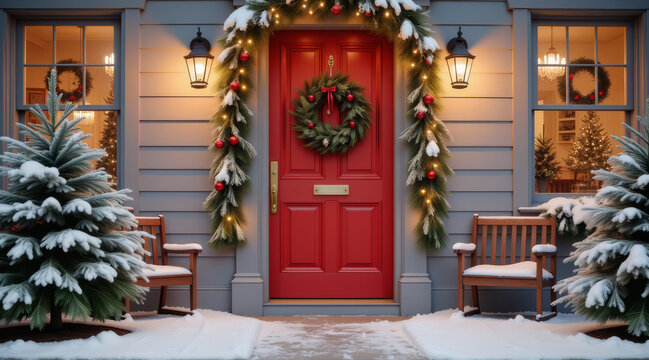 Christmas Doorway Decor &ndash; Festive Red Door with Wreath and Garland for Holiday Home Styling and Seasonal Greeting Cards