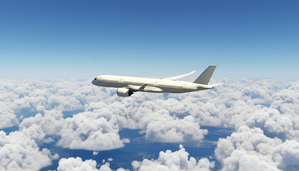 White Airplane Airbus A350 Modern Passenger Jet Plane Flying Above the Clouds with Blue Sky side view