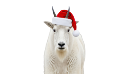 Cute White Mountain Goat Wearing a Red Santa Hat for Christmas Holiday isolated PNG with Transparent Background