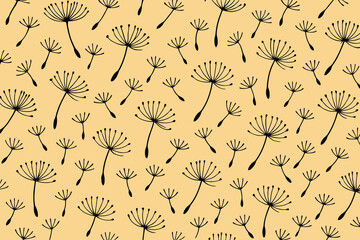 Minimalist dandelion seed pattern with black line art on warm yellow background