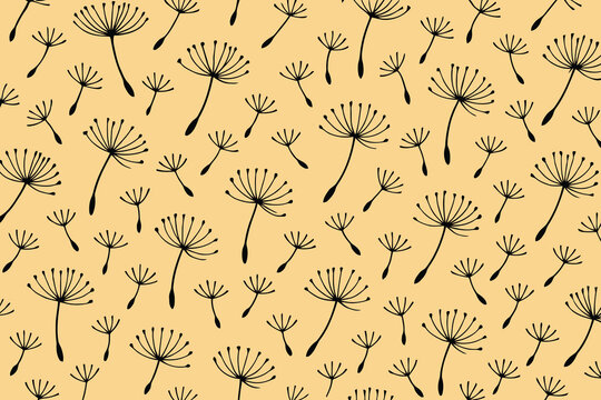 Minimalist dandelion seed pattern with black line art on warm yellow background