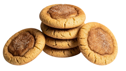 Stack of fresh baked snickerdoodle cookies on transparent background