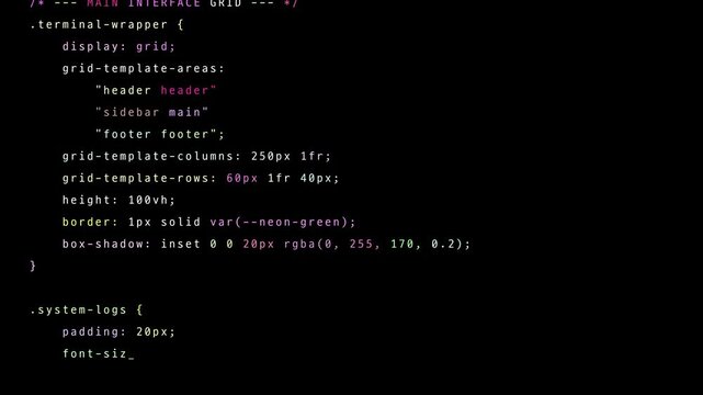 8-bit pixel art css code typing fastly on black terminal screen. looped animation 4k 30fps