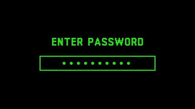 8-bit pixel art neon green enter password text on black background. looped animation 4k 30fps