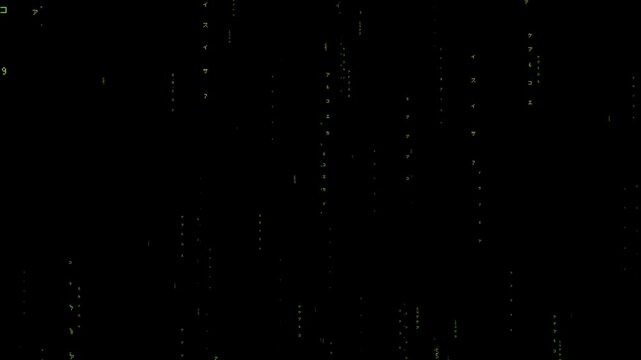 8-bit pixel art falling neon green binary code and katakana text on black screen. looped animation 4k 30fps