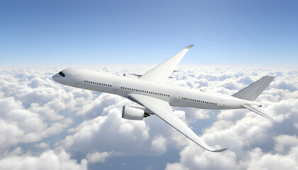 White Airplane Airbus A350 Modern Passenger Jet Plane Flying Above the Clouds with Blue Sky side view high angle