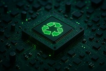 Glowing green recycle symbol on computer chip emphasizing eco friendly tech and sustainable energy on dark circuit board background. Ai generative