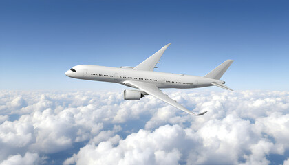 White Airplane Airbus A350 Modern Passenger Jet Plane Flying Above the Clouds with Blue Sky side view high angle
