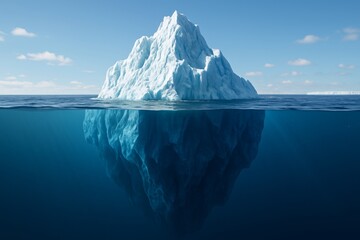 Massive iceberg floating in ocean with submerged portion visible beneath surface under clear blue sky, concept of climate and environment awareness.. Ai generative