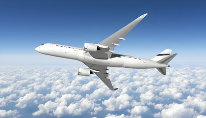 White Airplane Airbus A350 Modern Passenger Jet Plane Flying Above the Clouds with Blue Sky side view low angle