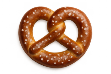 Golden brown soft pretzel with salt crystals, classic baked german bread snack isolated on transparent background