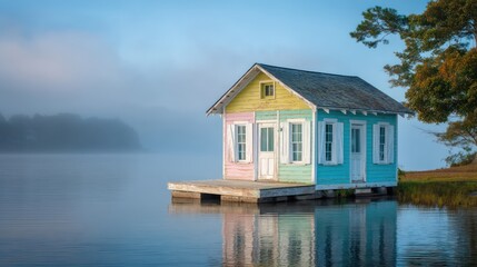 A charming lakefront cottage with pastel painted siding white shutters and pitched roof The calm water mirrors the