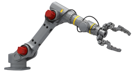 Modern industrial robotic arm manipulator used in automated manufacturing technology and engineering isolated PNG with Transparent Background