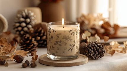 Vanilla scented candle burning on beige background concept. Serene candle setting with autumn decor and warm ambiance.