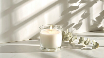 Organic white aroma candle glass jar concept. Serene candle with soft shadows creating a calming ambiance.