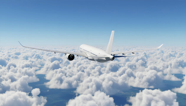 White Airplane Airbus A350 Modern Passenger Jet Plane Flying Above the Clouds with Blue Sky rear back view