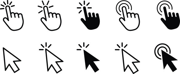 Set of Black and White Cursor Icons and Hand Pointer Icons on White Background mouse