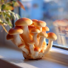 Cluster of vibrant orange mushrooms on a windowsill