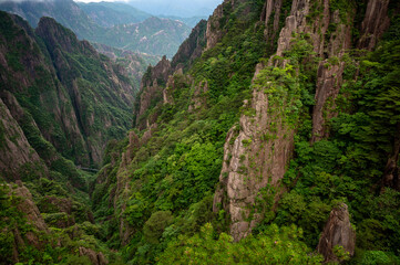 Beautiful view on the trail of Mount Huangshan, gorgeous rocks and strange pine in the mountain, in Anhui Province, China.