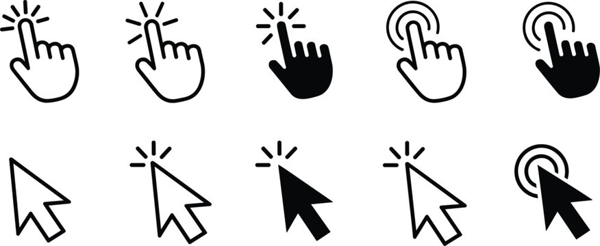 Set of Black and White Cursor Icons and Hand Pointer Icons on White Background mouse