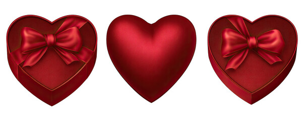 Three red heart-shaped objects, two gift boxes with bows, and a plain heart on a white background