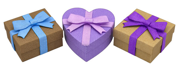 Three gift boxes with ribbons arranged around a heart-shaped box on a white background
