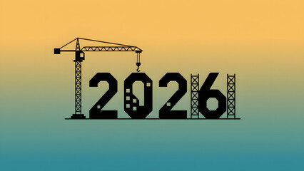 Modern construction site with 2026 date and crane silhouette