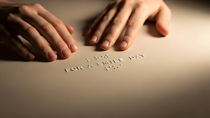 Two hands on a table with braille writing in the middle