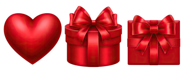A red heart and gift boxes with bows on a white background