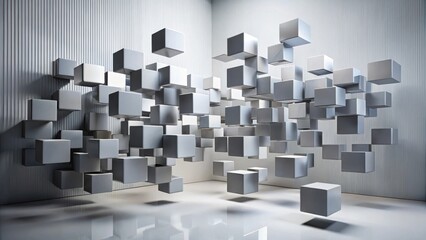 Abstract three-dimensional composition featuring a multitude of levitating cubic shapes within a minimalist, brightly lit interior space.