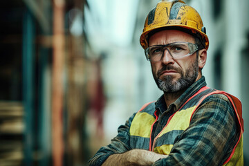 Bearded middle-aged man in work clothes and personal protective equipment: yellow helmet, safety glasses, reflective vest, against background of blurred construction site. Concept of professionalism.