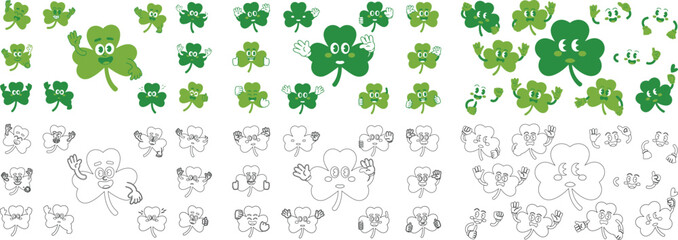 Fototapeta premium Green clover leaf characters smiling and waving in a large set of happy cartoon illustrations