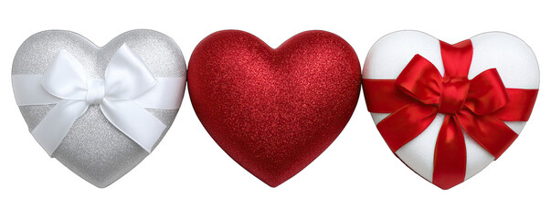 Three heart-shaped gift boxes with bows on a white background