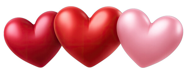 Three hearts in varying shades of red against a white background