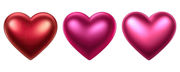 Three red hearts in a row on a white background