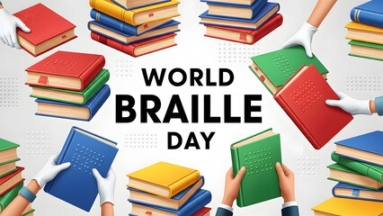 World braille day celebration with colorful books and braille literacy