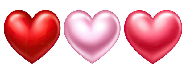 Three hearts in different shades of red on a white background