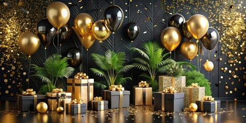 Luxurious Celebration Scene with Gold and Black Balloons, Presents, and Tropical Plants