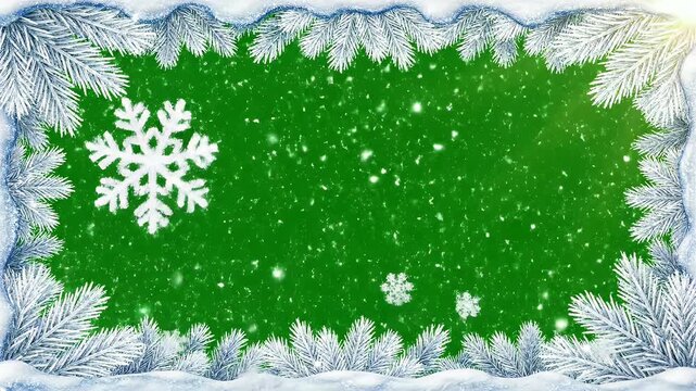 Winter Holiday Frame with Snowflakes - This video features a winter scene with a vibrant green background and a border made of snow-covered pine branches.