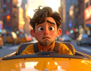 Animated man in a yellow vehicle, city street scene with worried expression
