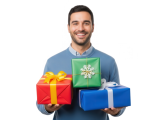Smiling man holding colorful gift boxes on transparent background